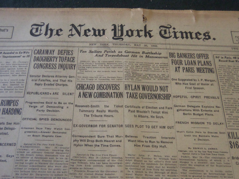 1922 MAY 25 NEW YORK TIMES - HYLAN WOULD NOT TAKE GOVERNORSHIP - NT 5803