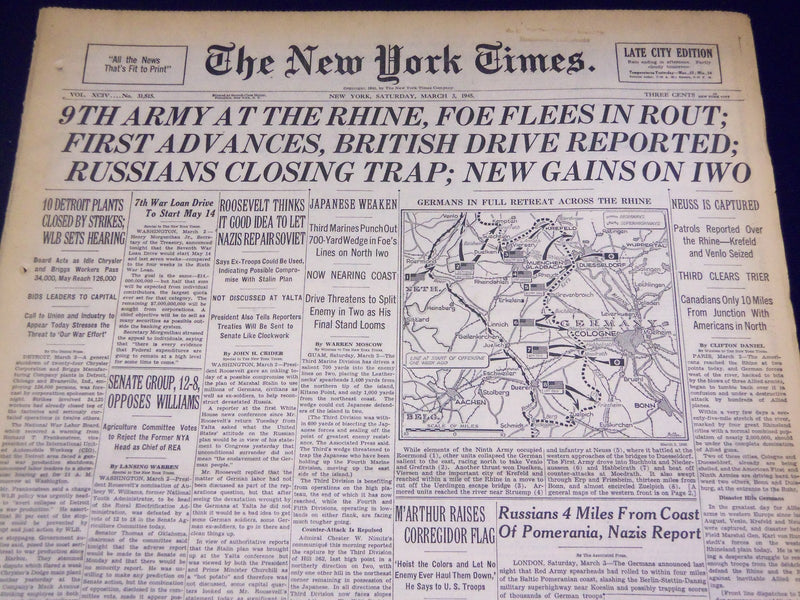 1945 MAR 3 NEW YORK TIMES - 9TH ARMY AT THE RHINE, FOE FLEES IN ROUT - NT 549