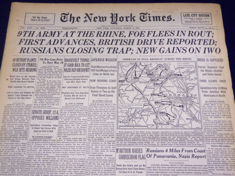 1945 MAR 3 NEW YORK TIMES - 9TH ARMY AT THE RHINE, FOE FLEES IN ROUT - NT 549
