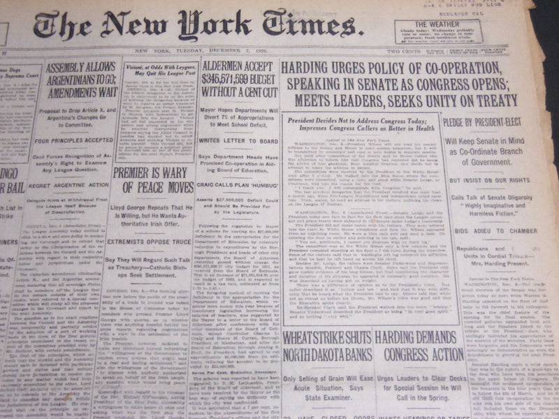 1920 DECEMBER 7 NEW YORK TIMES - HARDING URGES POLICY OF CO-OPERATION - NT 6736