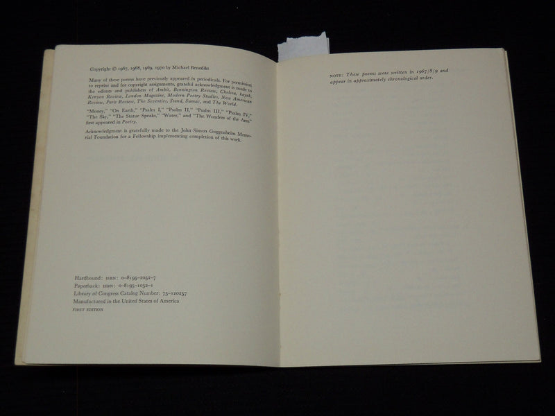 1970 SKY - POEMS SOFTCOVER BOOK BY MICHAEL BENEDIKT - J 7385