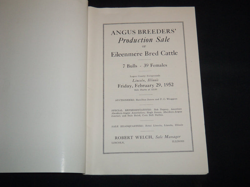 1952 EILEENMERE ABERDEEN-ANGUS BREEDERS' CATTLE SALE CATALOG - ILLINOIS - J 9111