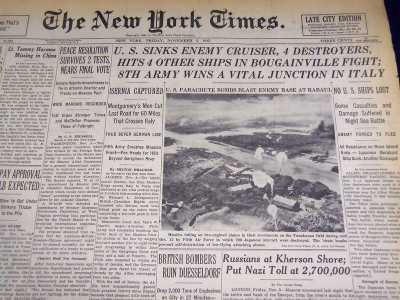 1943 NOV 5 NEW YORK TIMES - U. S. SINKS ENEMY CRUISER 4 DESTROYERS - NT 964