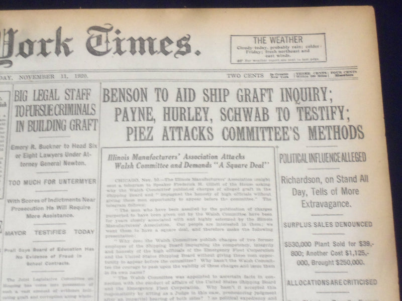 1920 NOVEMBER 11 NEW YORK TIMES - PAYNE, HURLEY SCHWAB, SHIP INQUIRY - NT 8451