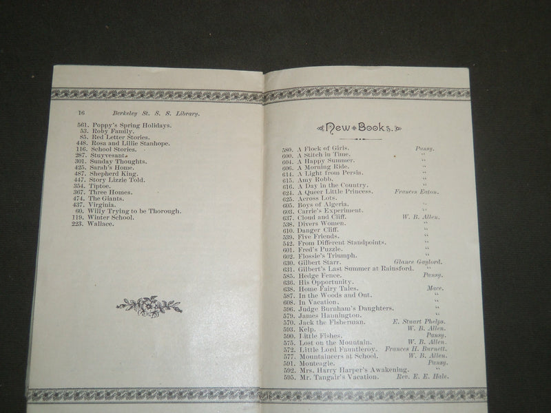 1889 CATALOGUE OF THE BERKELEY ST. SUNDAY SCHOOL LIBRARY - BOSTON - J 4800