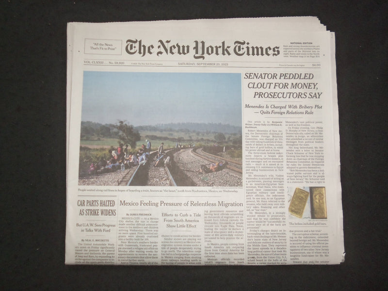 2023 SEPTEMBER 23 NEW YORK TIMES - SENATOR BOB MENENDEZ PEDDLED CLOUT FOR MONEY