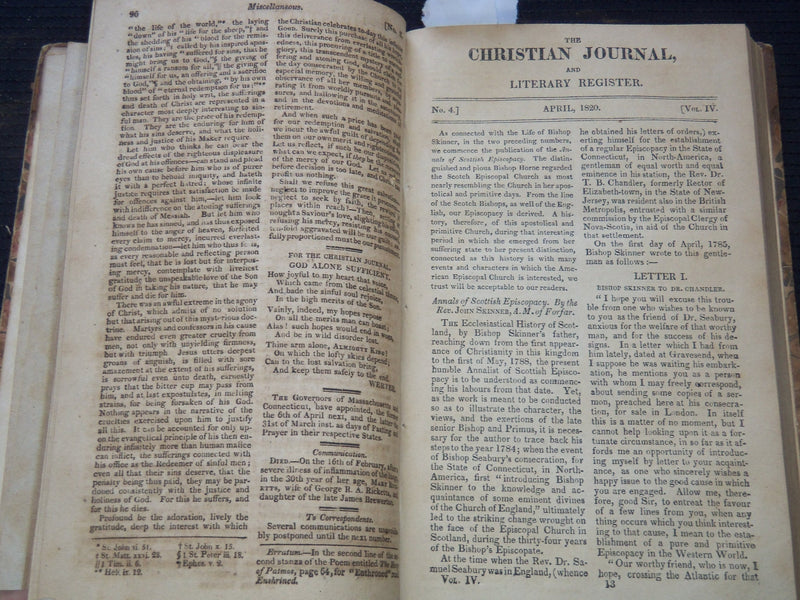 1820 THE CHRISTIAN JOURNAL AND LITERARY REGISTER VOLUME NO. 4 - KD 7670