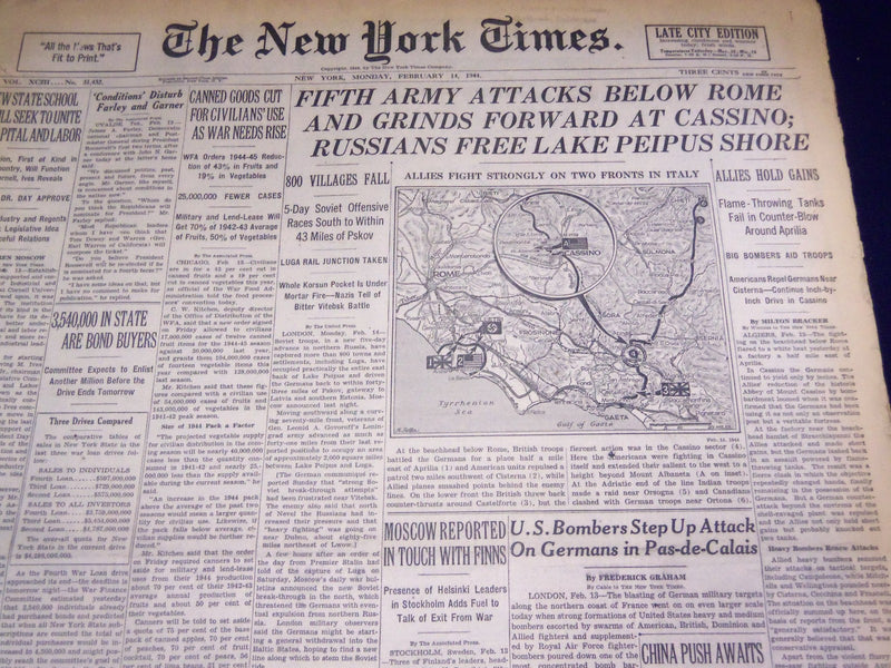 1944 FEBRUARY 14 NEW YORK TIMES - FIFTH ARMY ATTACKS BELOW ROME - NT 3732