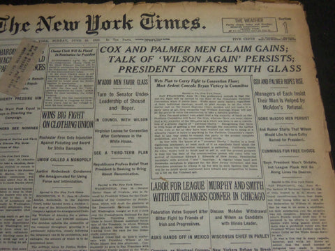 1920 JUNE 20 NEW YORK TIMES - COX AND PALMER CLAIM GAINS - NT 6761