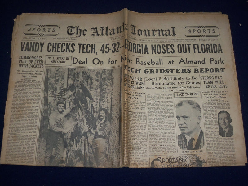 1931 FEBRUARY 31 THE ATLANTA JOURNAL SPORTS SECTION - VANDY CHECKS TECH- NP 972V