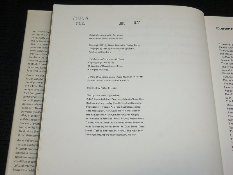 1972 DEUTSCHLAND DEUTSCHLAND UBER ALLES HARDCOVER BOOK BY TUCHOLSKY - R 708P