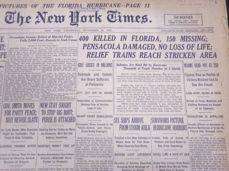 1926 SEPT 22 NEW YORK TIMES - 400 KILLED IN FLORIDA PENSACOLA DAMAGED - NT 5290
