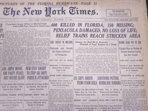 1926 SEPT 22 NEW YORK TIMES - 400 KILLED IN FLORIDA PENSACOLA DAMAGED - NT 5290