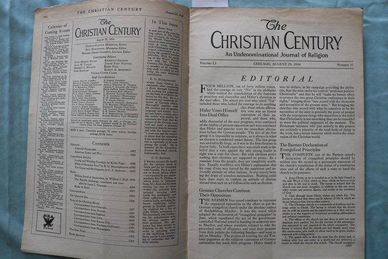 1934 AUGUT 29 THE CHRISTIAN CENTURY, A JOURNAL OF RELIGION SOFTCOVER - K 3303