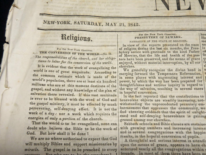 1842 MAY 21 NEW YORK OBSERVER NEWSPAPER - AMERICAN EDUCATION SOCIETY - NP 4845