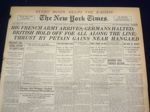 1918 APRIL 19 NEW YORK TIMES - FRENCH ARMY ARRIVES, GERMANS HALTED - NT 8223