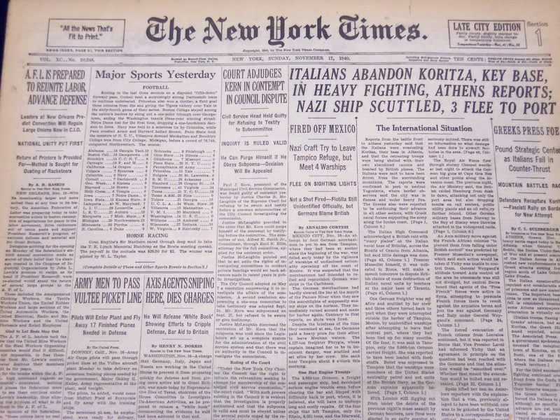 1940 NOV 17 NEW YORK TIMES NEWSPAPER - ITALIANS ABANDON KORITZA KEY BASE - NT 24
