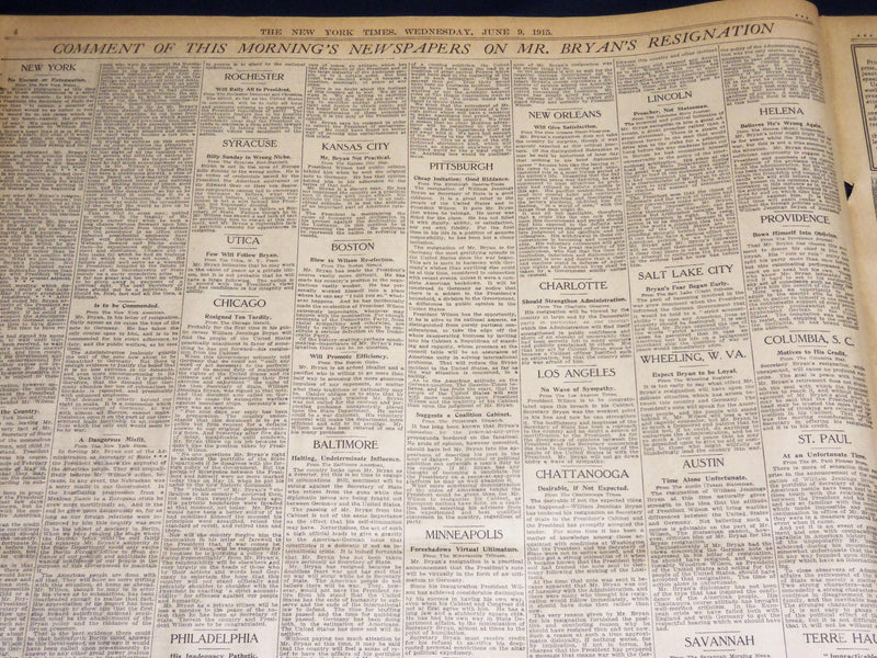 1915 JUNE 9 NEW YORK TIMES - BRYAN RESIGNS AS SACRETARY OF STATE - NT 7698