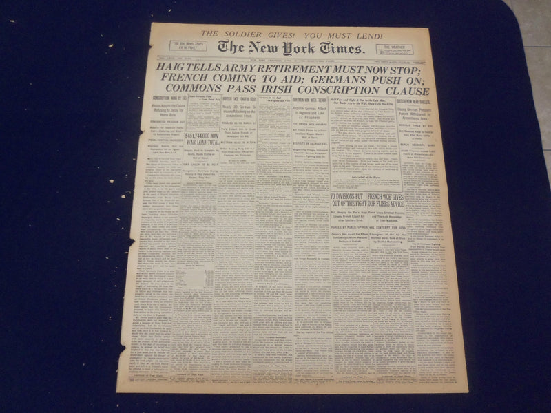 1918 APRIL 13 NEW YORK TIMES - HAIG TELLS ARMY RETIREMENT MUST STOP - NT 8210