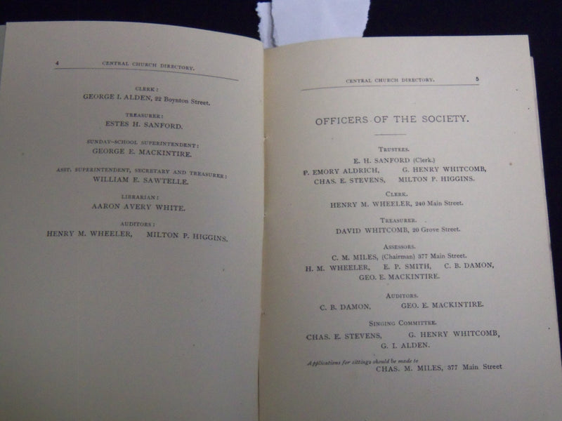 1879 CENTRAL CHURCH DIRECTORY - WORCESTER MASSACHUSETTS - J 8813