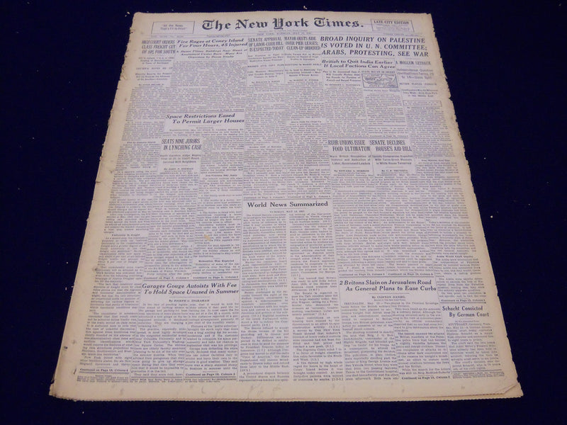 1947 MAY 13 NEW YORK TIMES - BROAD INQUIRY ON PALESTINE IS VOTED IN U. N - NT 87