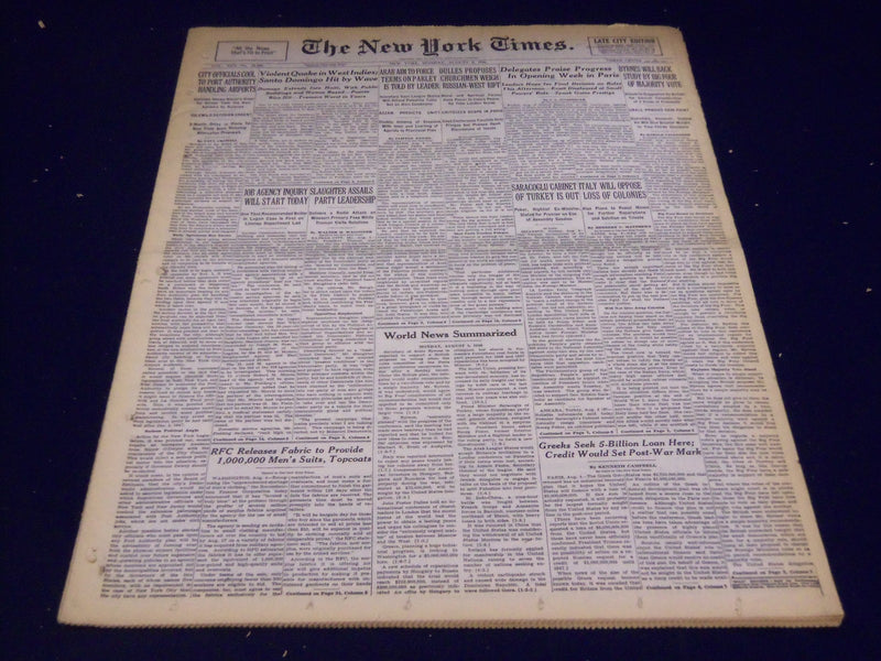 1946 AUGUST 5 NEW YORK TIMES - VIOLENT QUAKE IN WEST INDIES - NT 2345