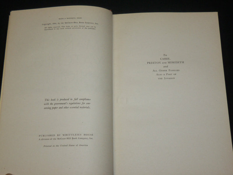 1944 MANY A WATCHFUL NIGHT HARDCOVER BOOK BY LT. JOHN MASON BROWN - KD 6555