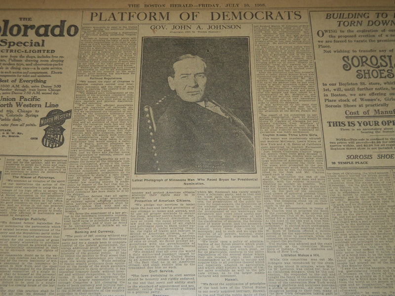 1908 JULY 10 THE BOSTON HERALD - BRYAN'S NAME PLACED BEFORE CONVENTION - BH 320