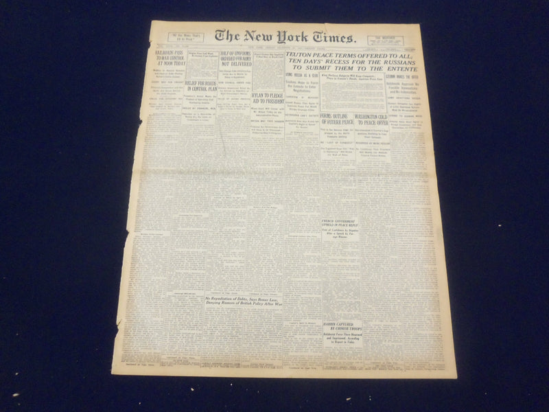 1917 DECEMBER 28 NEW YORK TIMES - TEUTON PEACE TERMS OFFERED TO ALL - NT 8264