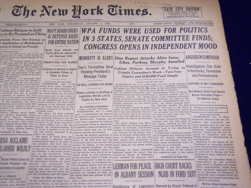 1939 JAN 4 NEW YORK TIMES WPA FUNDS WERE USED FOR POLITICS IN 3 STATES- NT 1344