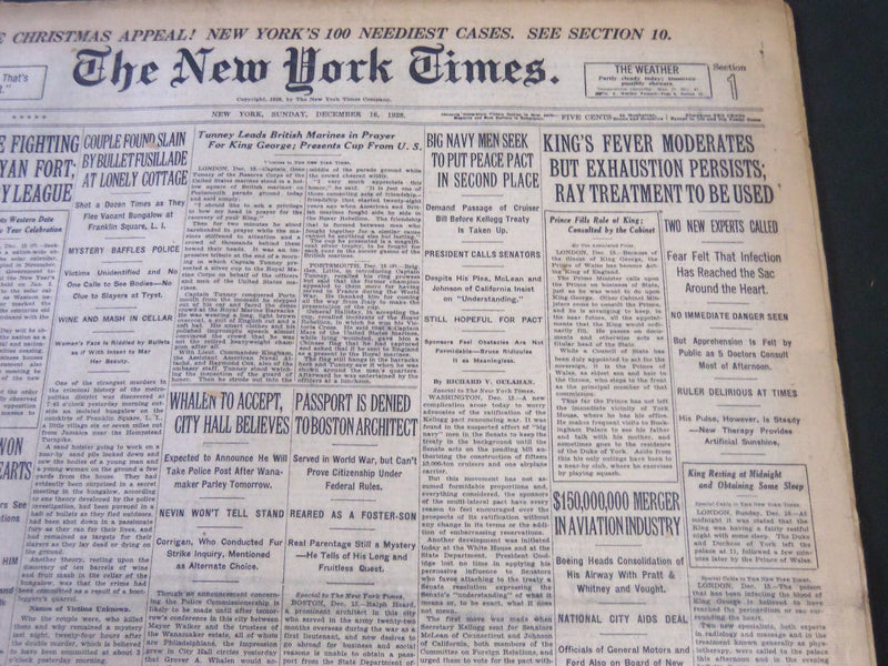 1928 DECEMBER 16 NEW YORK TIMES - KING'S FEVER MODERATES BUT EXHAUSTION- NT 6458