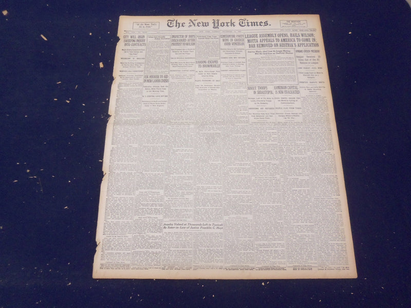 1920 NOVEMBER 16 NEW YORK TIMES - LEAGUE ASSEMBLY OPENS HAILS WILSON - NT 8470