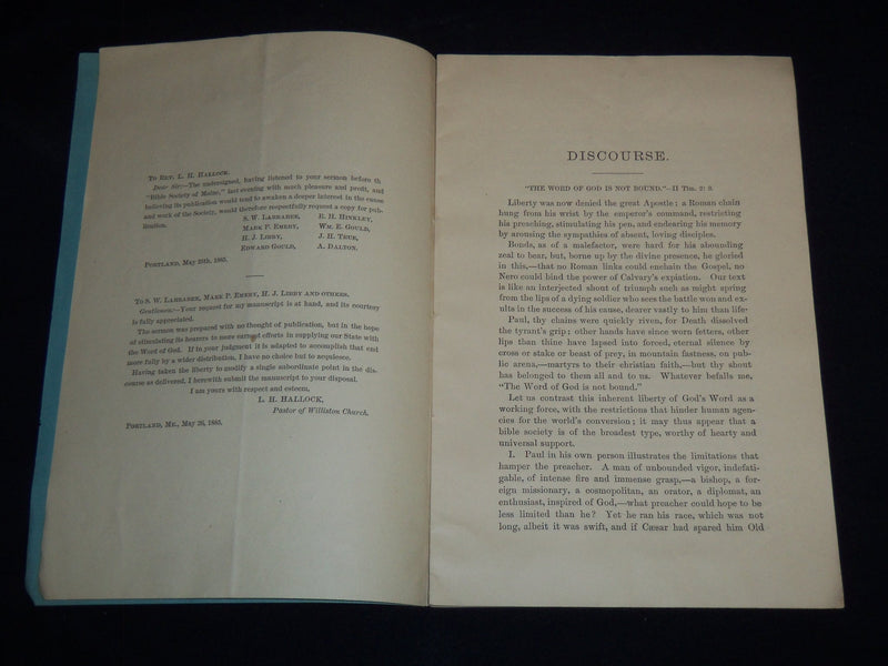 1885 REV. L. H. HALLOCK DISCOURSE - 75TH ANNIV. BIBLE SOCIETY OF MAINE - J 8864