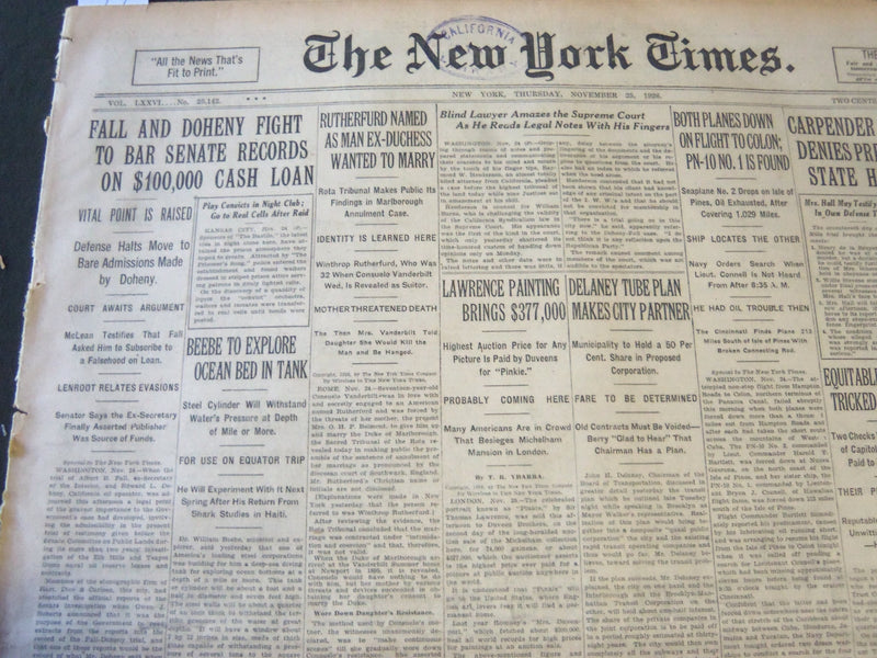 1926 NOV 26 NEW YORK TIMES - FALL AND DOHENY FIGHT TO BAR SENATE RECORD- NT 6529