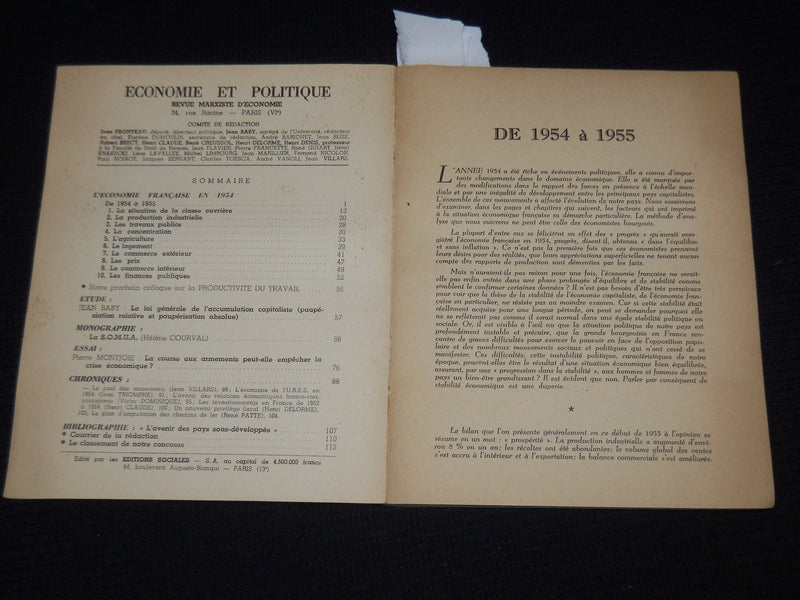 1955 FEBRUARY ECONOMIE ET POLITIQUE FRANCAISE EN 1954 - J 9883