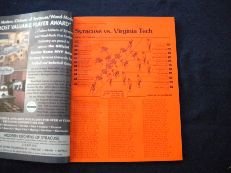 1998 NOVEMBER 14 FOOTBALL PROGRAM - SYRACUSE UNIV VS VIRGINIA TECH - SP 3624T