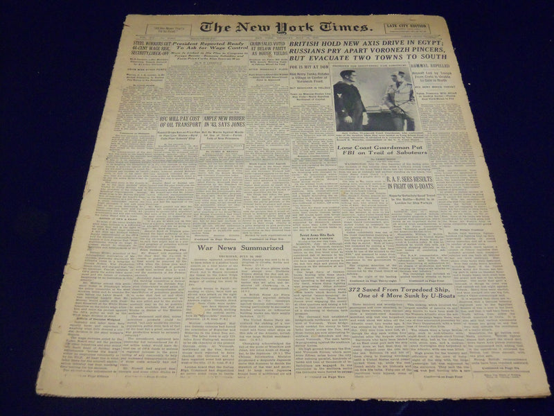1942 JULY 16 NEW YORK TIMES - BRITISH HOLD NEW AXIS DRIVE IN EGYPT - NT 929