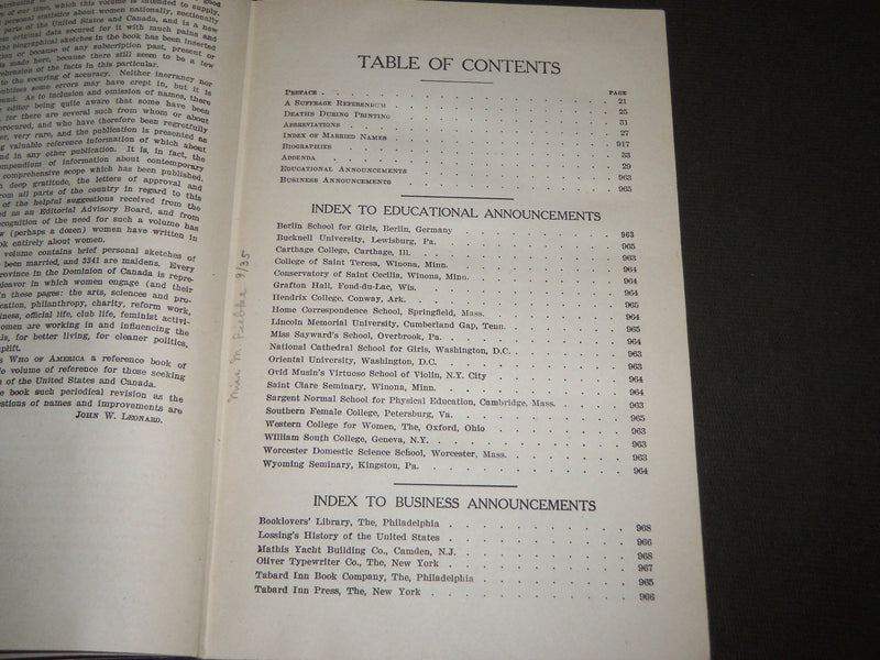 1914 WOMAN'S WHO'S WHO OF AMERICA BOOK EDITED BY JOHN WILLIAM LEONARD - KD 4752
