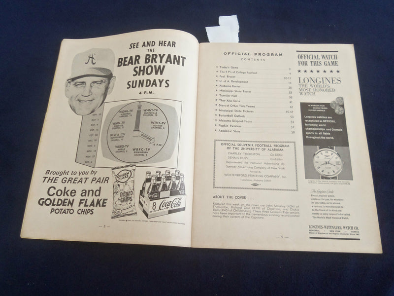 1966 OCT 29 ALABAMA VS MISSISSIPPI STATE FOOTBALL PROGRAM- KEN STABLER- ST 4452Q