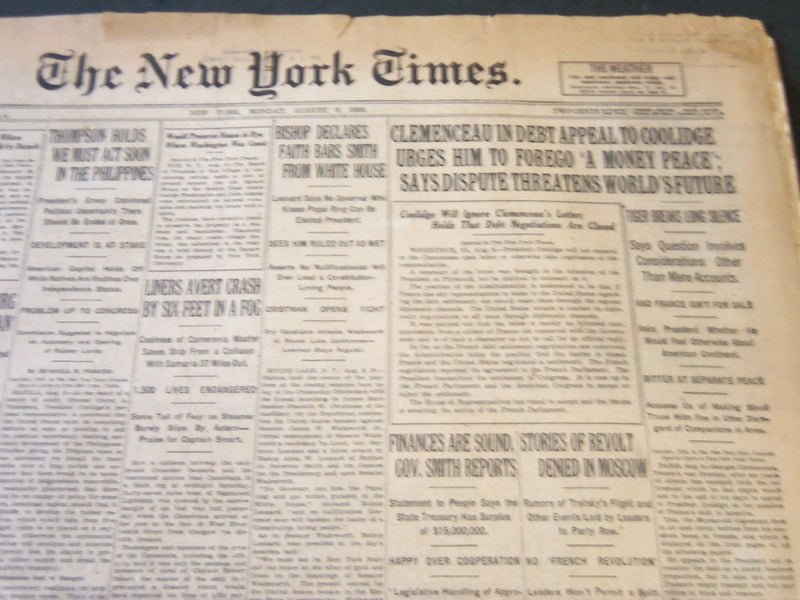 1926 AUGUST NEW 9 YORK TIMES - CLEMENCEAU IN DEBT APPEAL TO COOLIDGE - NT 5572