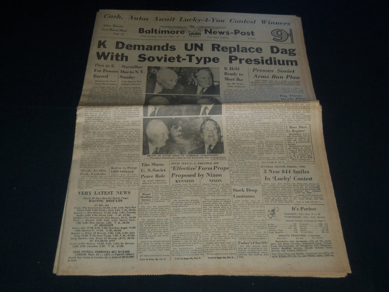 1960 SEPT 23 BALTIMORE NEWS-POST NEWSPAPER - K DEMANDS UN REPLACE DAG - NP 3753