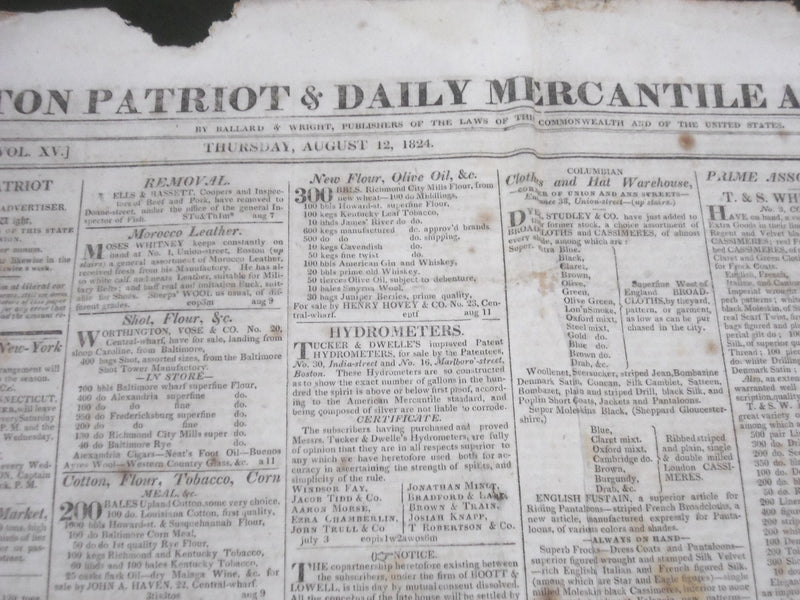 1819 & 1824 BOSTON PATRIOT NEWSPAPER LOT OF 2 - BALLARD & WRIGHT - NP 2740