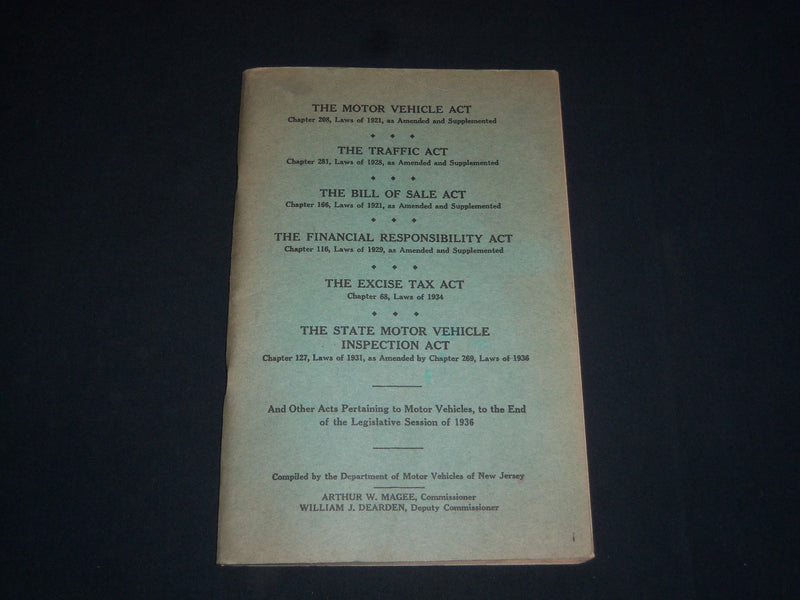 1936 NEW JERSEY MOTOR VEHICLE ACTS SOFTCOVER BOOK BY NJ DMV - MAGEE - J 3983