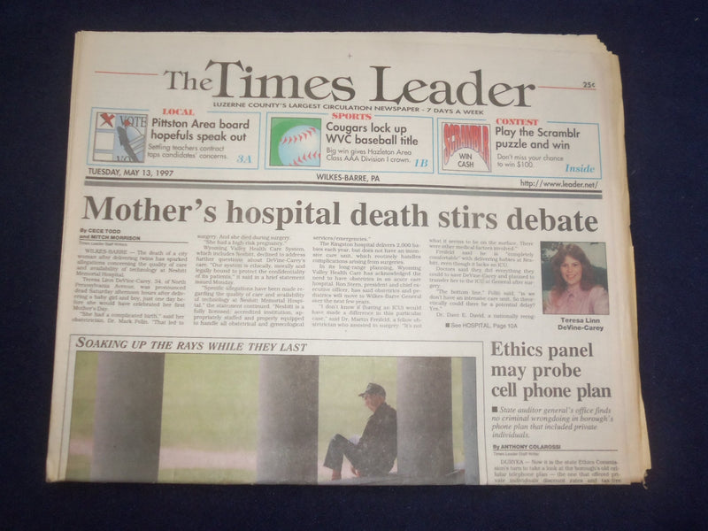 1997 MAY 13 WILKES-BARRE TIMES LEADER - MOTHER'S DEATH STIRS DEBATE - NP 8183