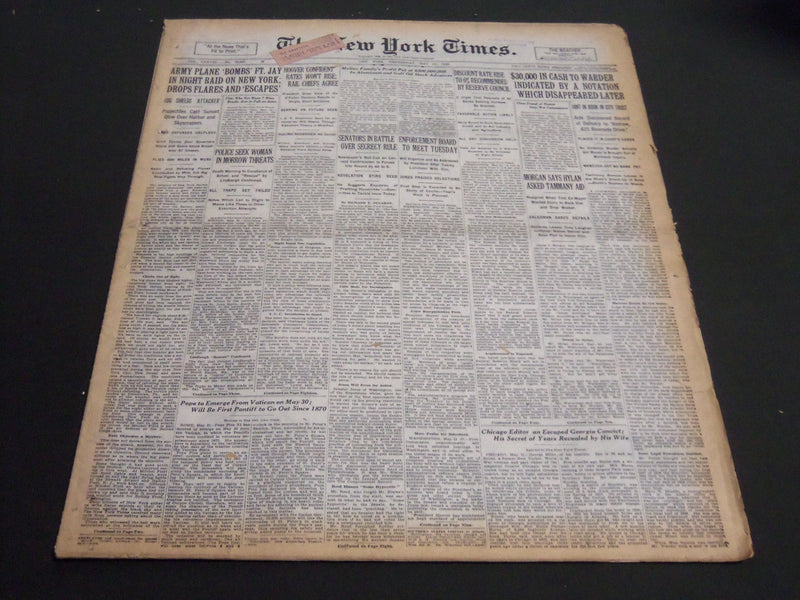 1929 MAY 22 NEW YORK TIMES - ARMY PLANE BOMBS FT. JAY IN NIGHT RAID - NT 6868