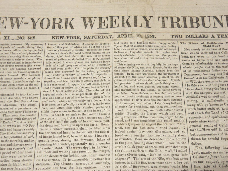 1852 APRIL 10 NEW YORK WEEKLY TRIBUNE - JOURNEY ACROSS NUBIAN DESERT - NP 3879Z