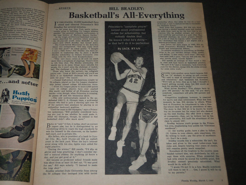 1965 MARCH 7 FAMILY WEEKLY SUNDAY MAGAZINE SECTION - BILL BRADLEY - J 2936