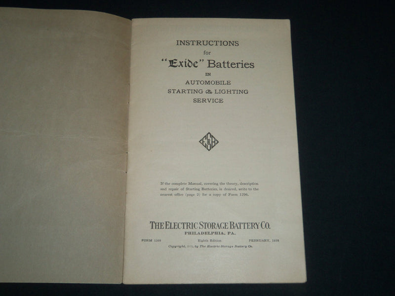 1918 INSTRUCTIONS FOR EXIDE BATTERIES IN AUTOMOBILE STARTING & LIGHTING - J 3987