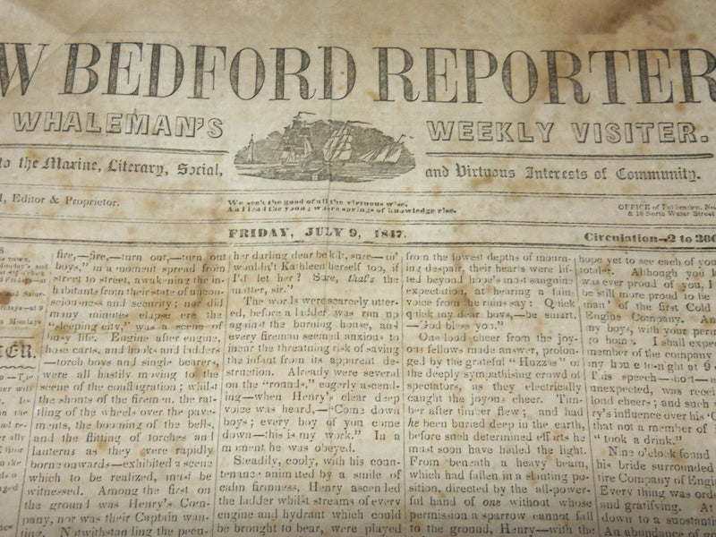 1847 JULY 9 NEW BEDFORD REPORTER NEWSPAPER - GENERAL TOM THUMB - NP 4962