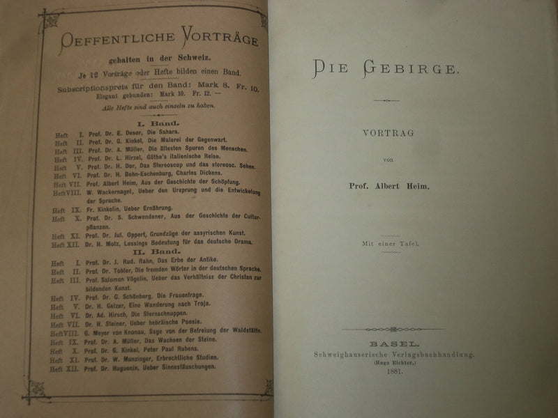 1881 DIE GEBIRGE - VORTRAG VON PROF. ALBERT HEIM - GERMAN TEXT - J 4895